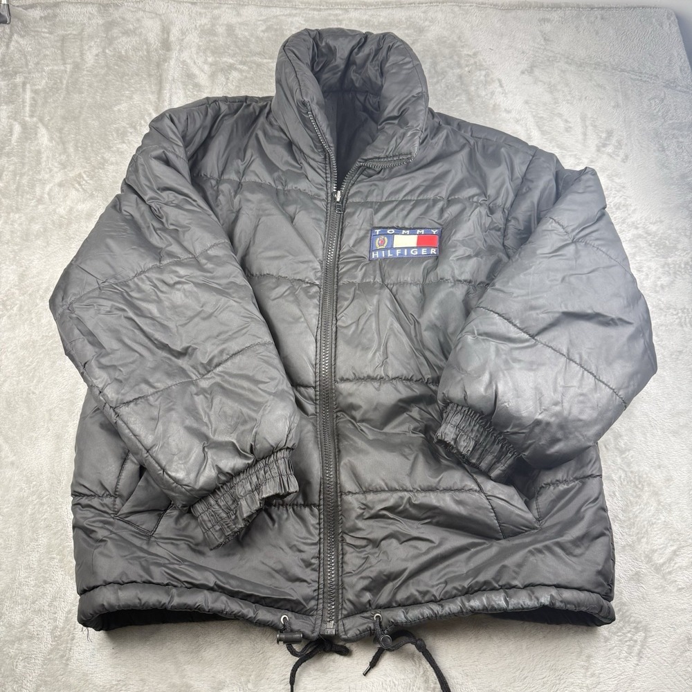 Vintage 90s Tommy Hilfiger Puffer Jacket Black Crest Logo Embroidered Streetwear